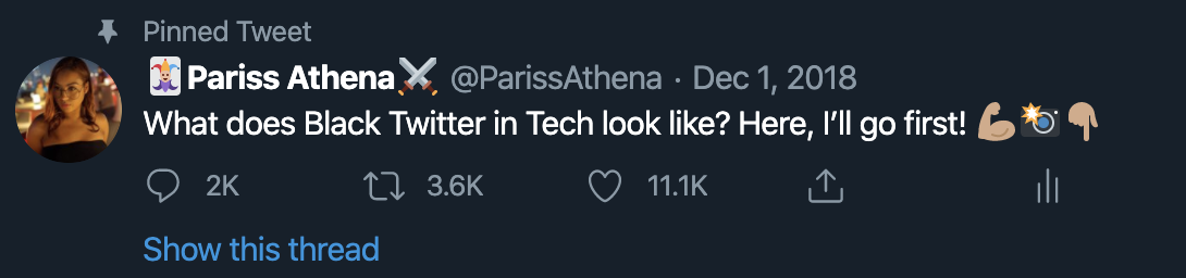 Screen shot of Pariss @ParissAthena tweeting 'What does black twitter in tech look like? Here, I'll go first'
